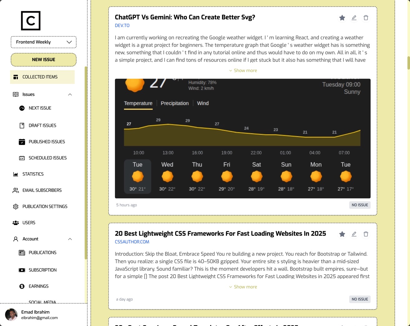 Content curation dashboard with collected articles and AI summaries