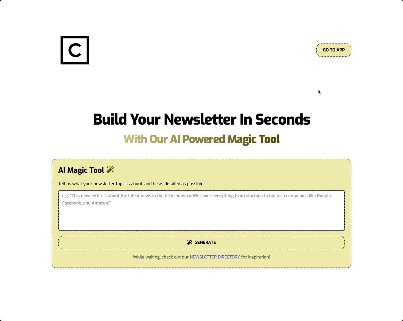 CuratedLetters AI Magic Tool landing page for newsletter generation