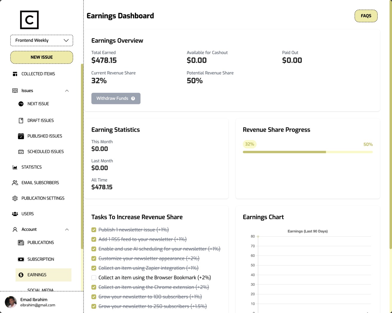 Earnings dashboard with revenue statistics and cashout tracking