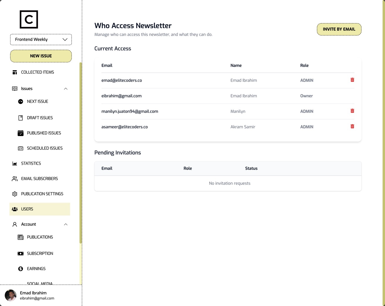 User management interface with role-based access control and invitations
