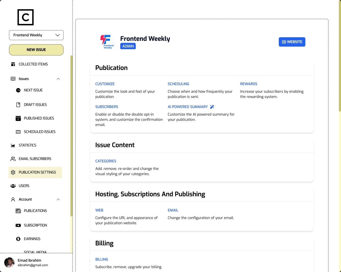 Publication settings dashboard with card-based configuration modules