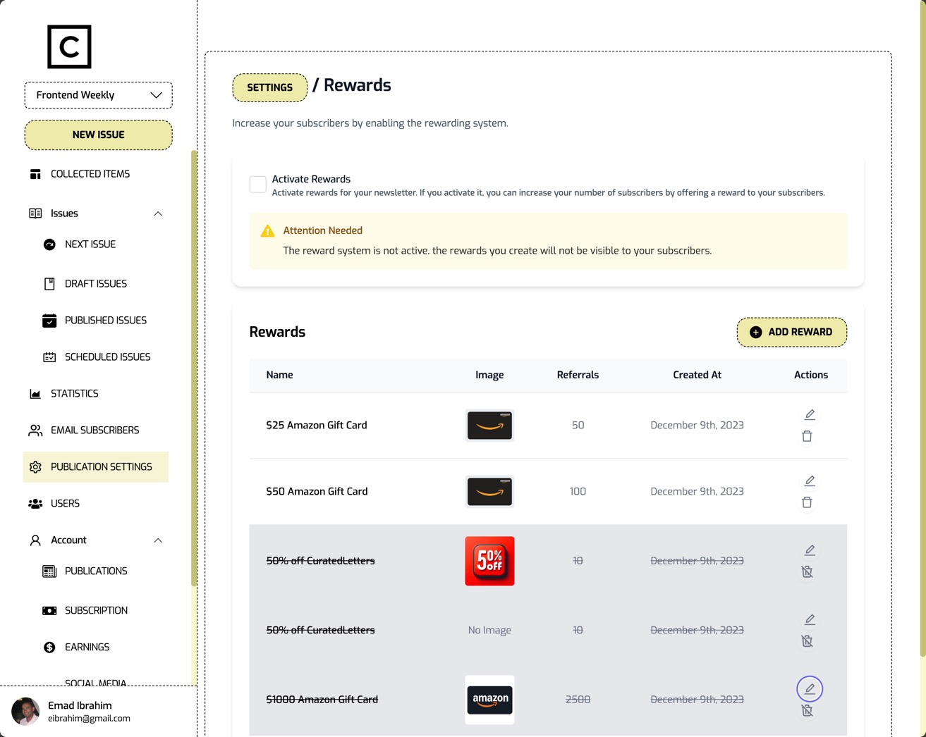Rewards program settings with referral tracking and gift management