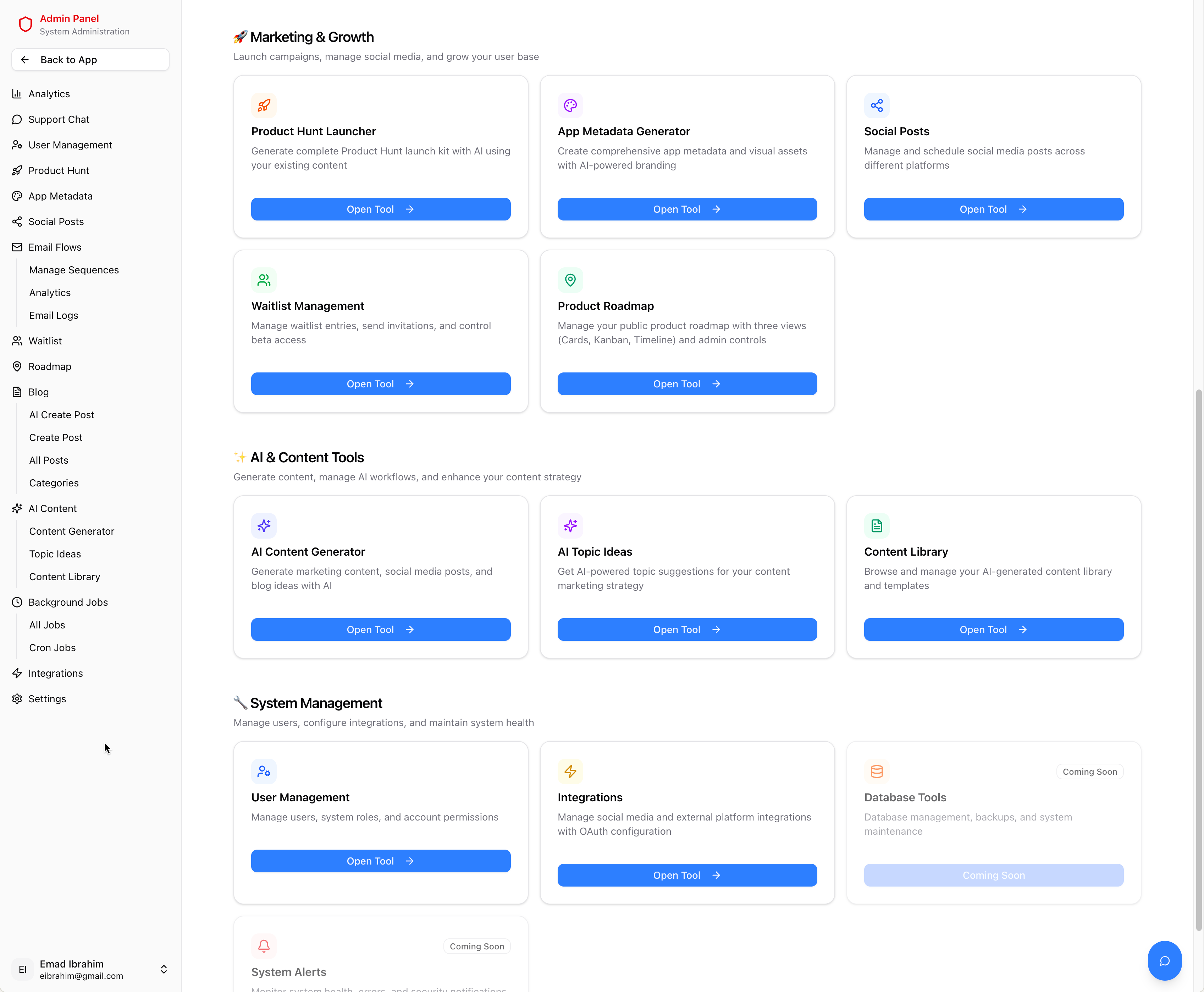 Admin panel with organized tool categories and quick access cards
