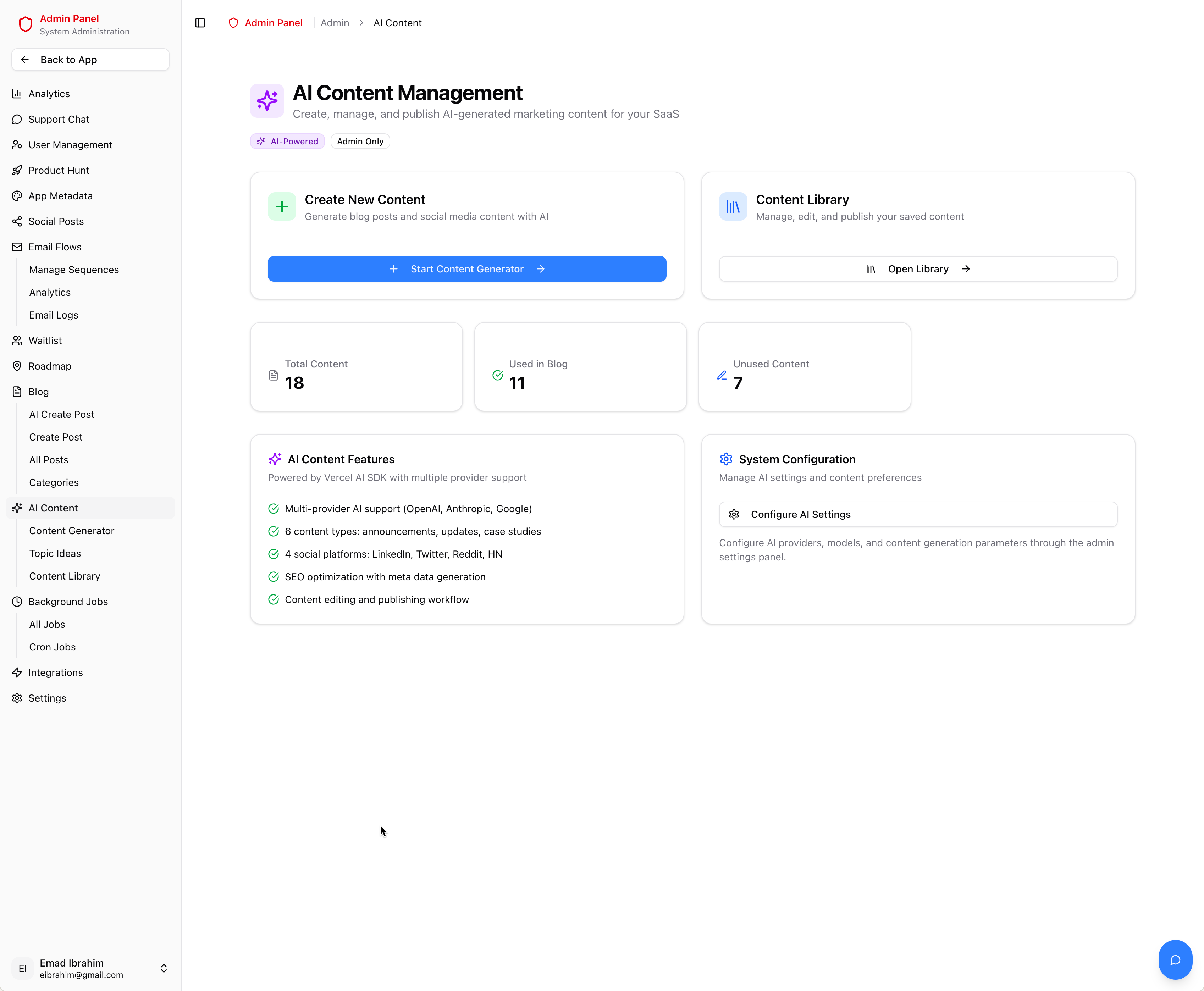 AI content management with generator and library access
