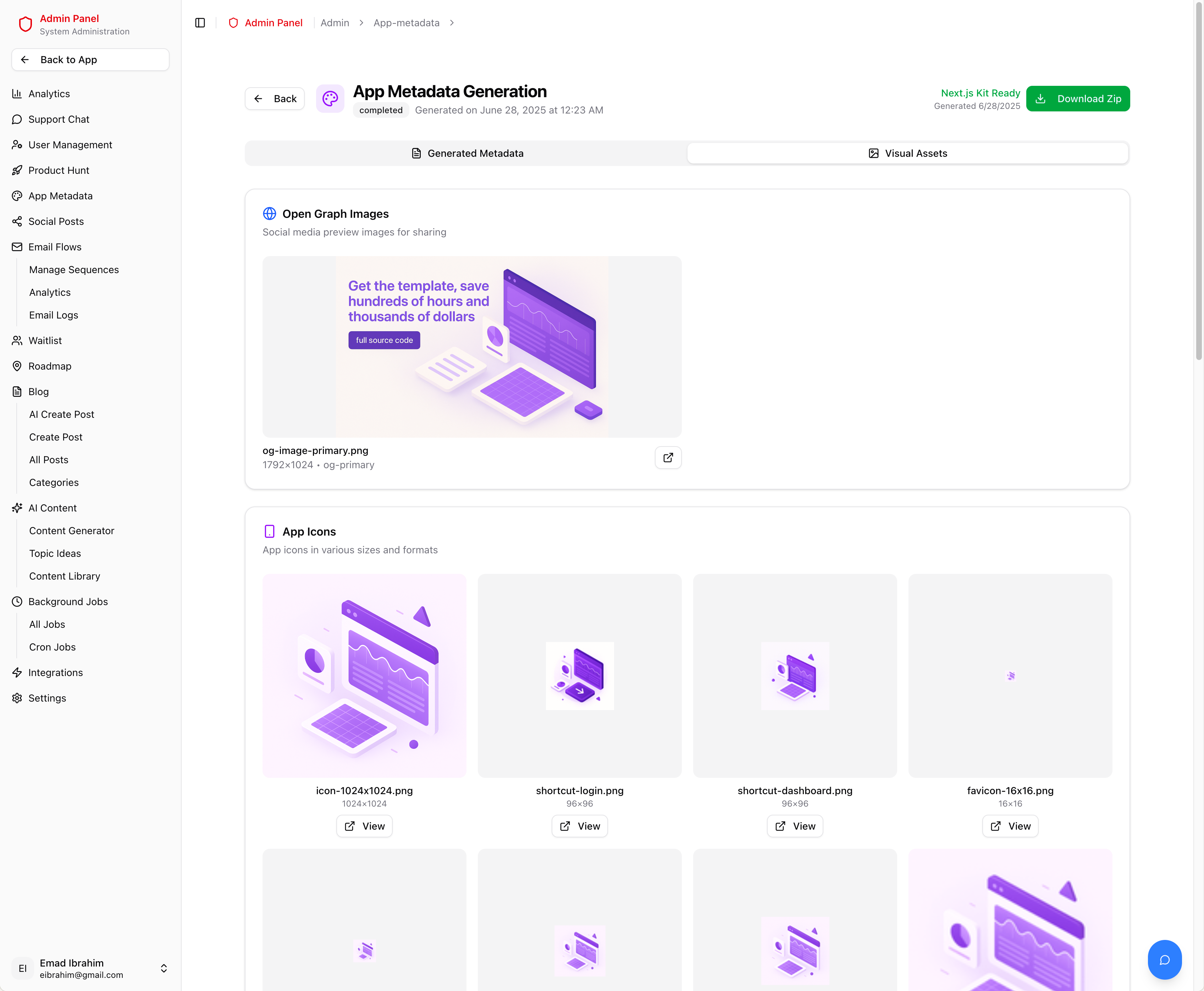 Metadata generator showing OG images and icon assets with download options