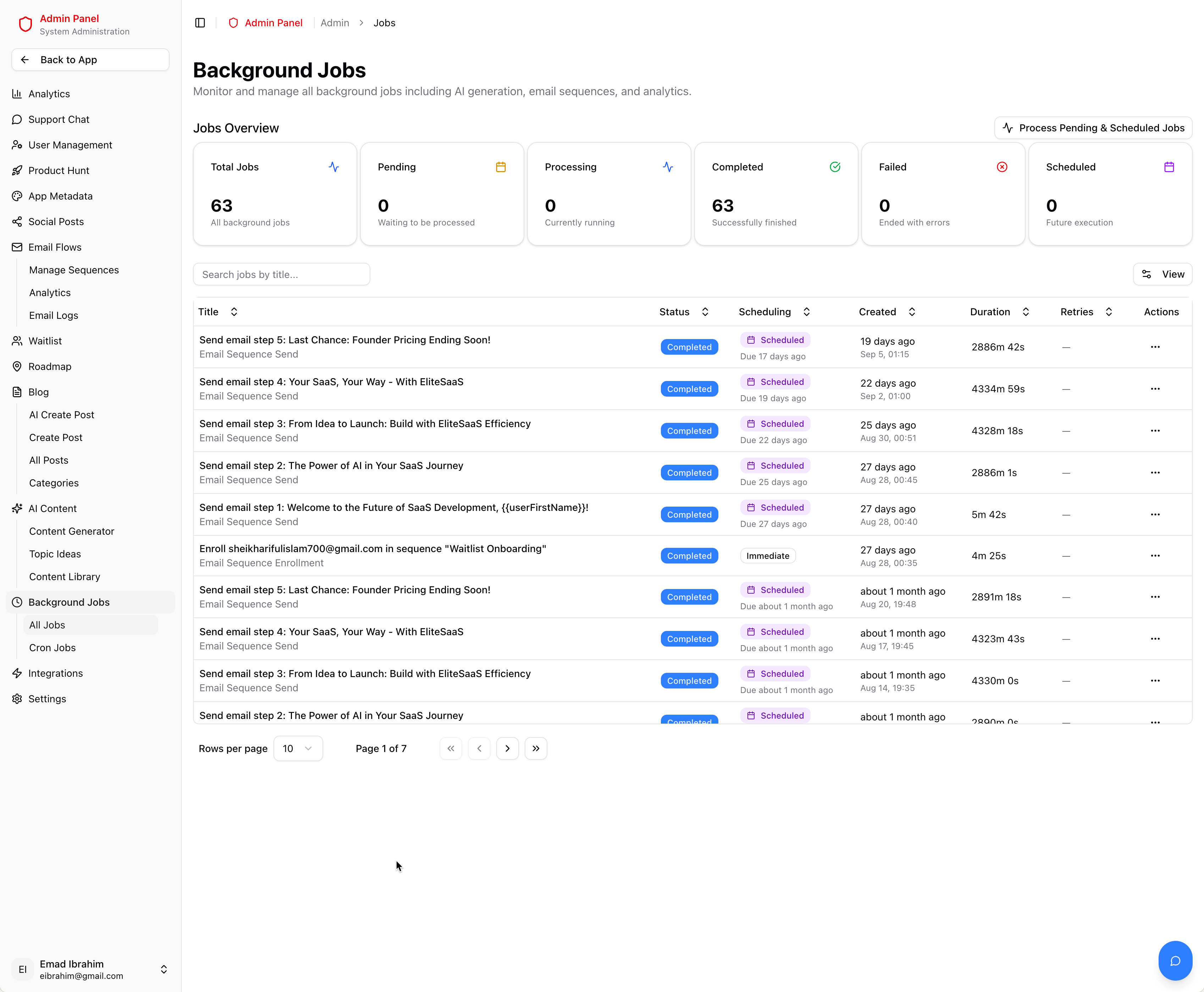 Background jobs interface with status tracking and performance data