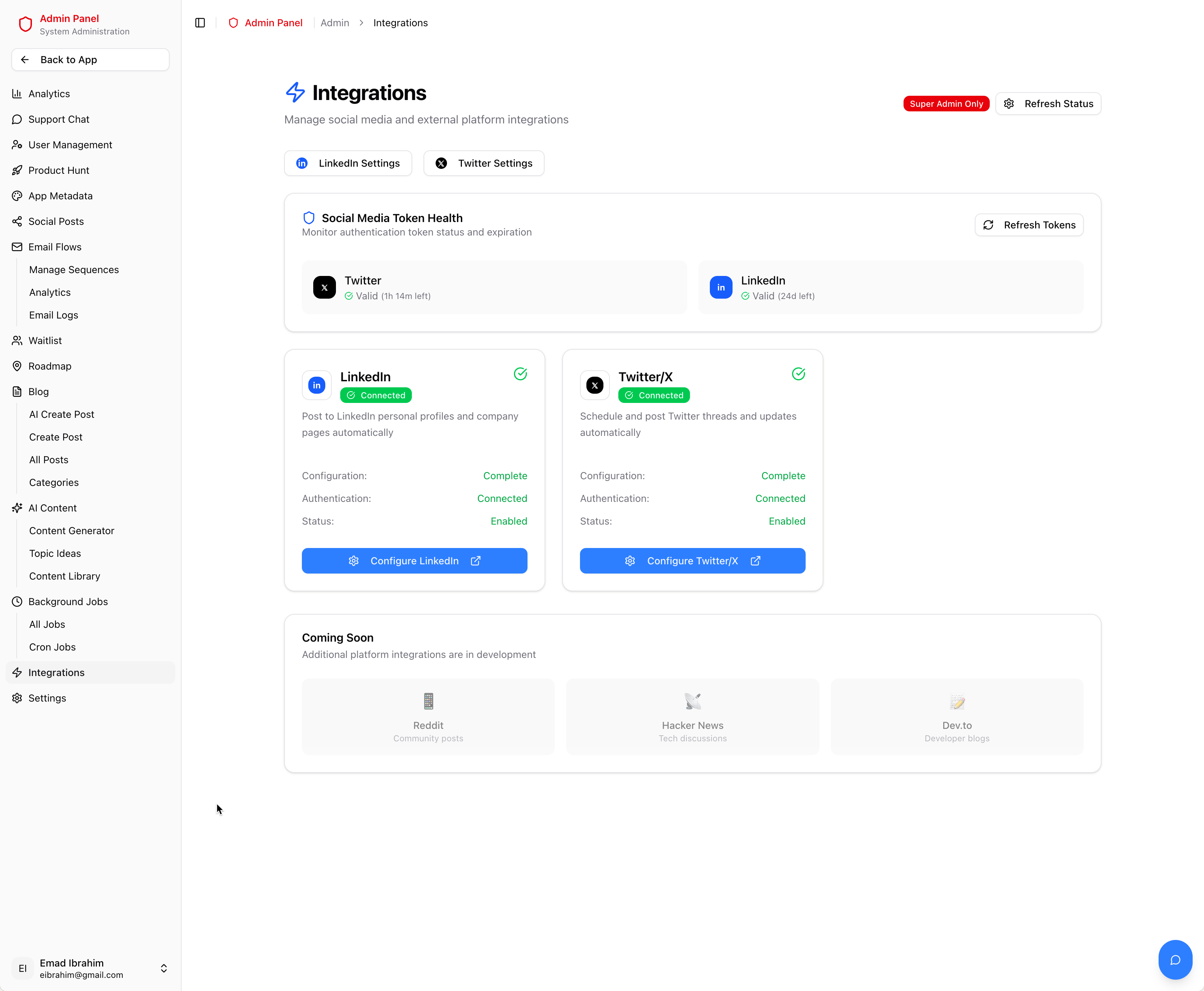 Integrations dashboard with OAuth token health and social media connections