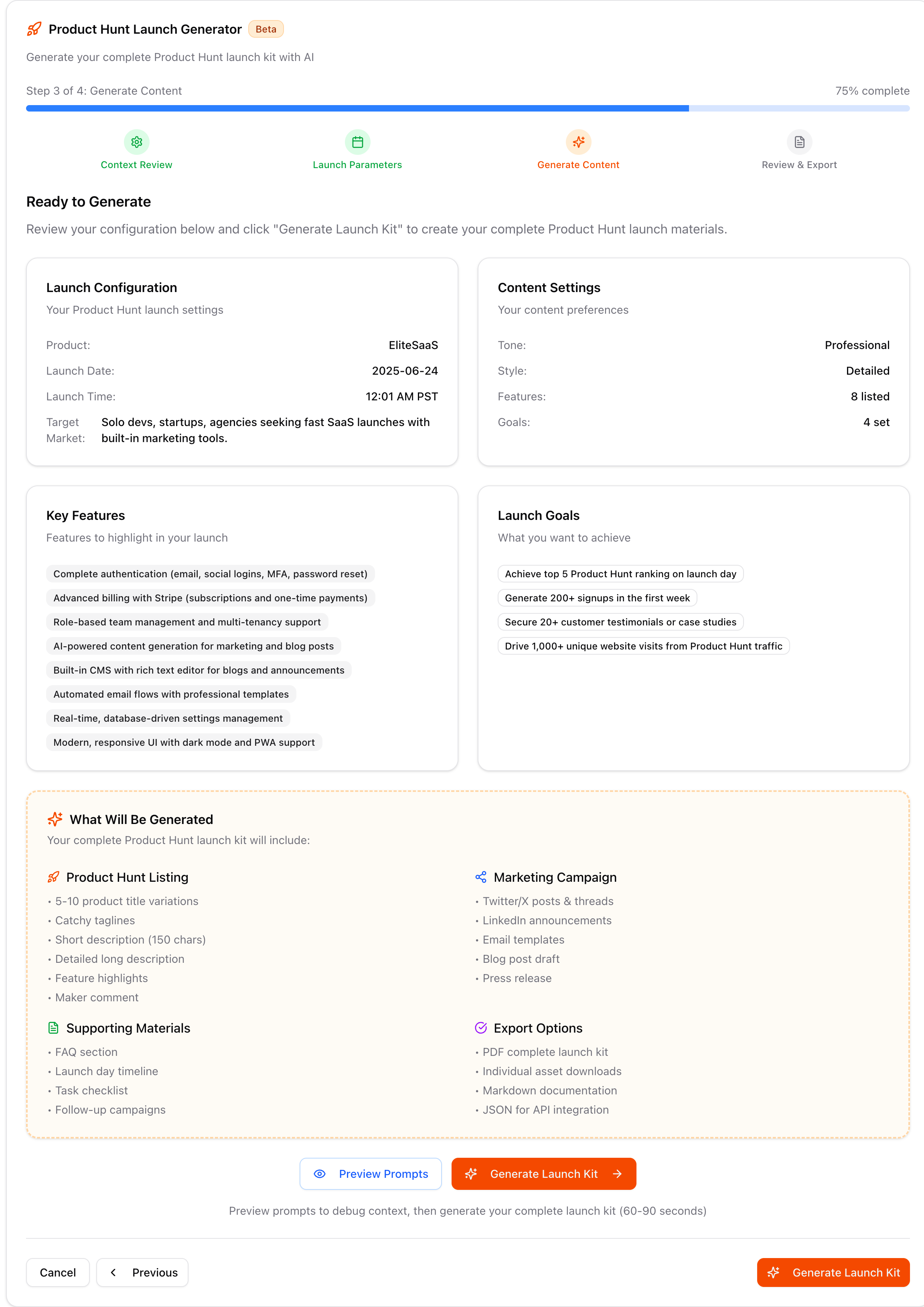 Launch kit generation interface showing configuration summary and output options