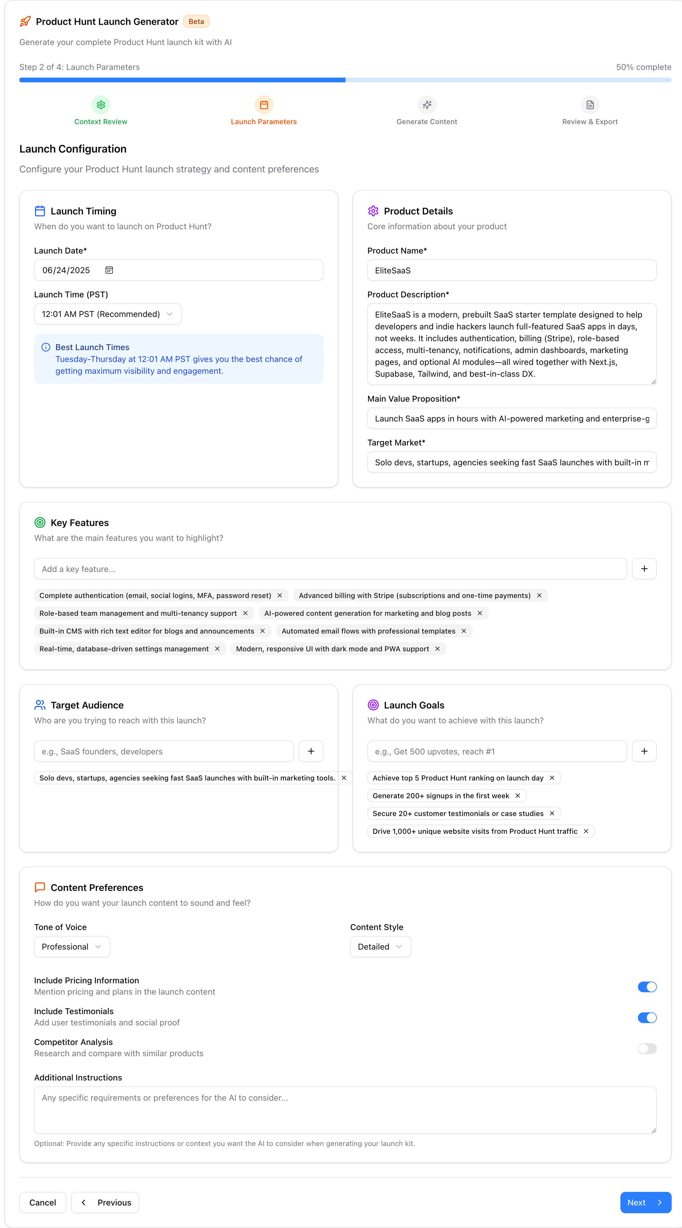 Launch parameters form with timing, features, and content preferences