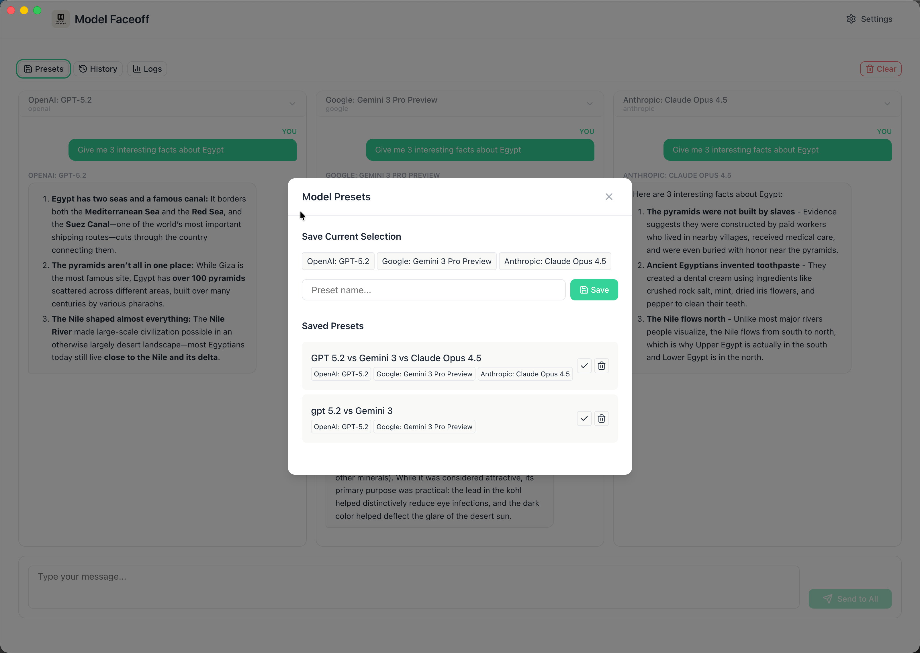 Model Faceoff conversation history panel