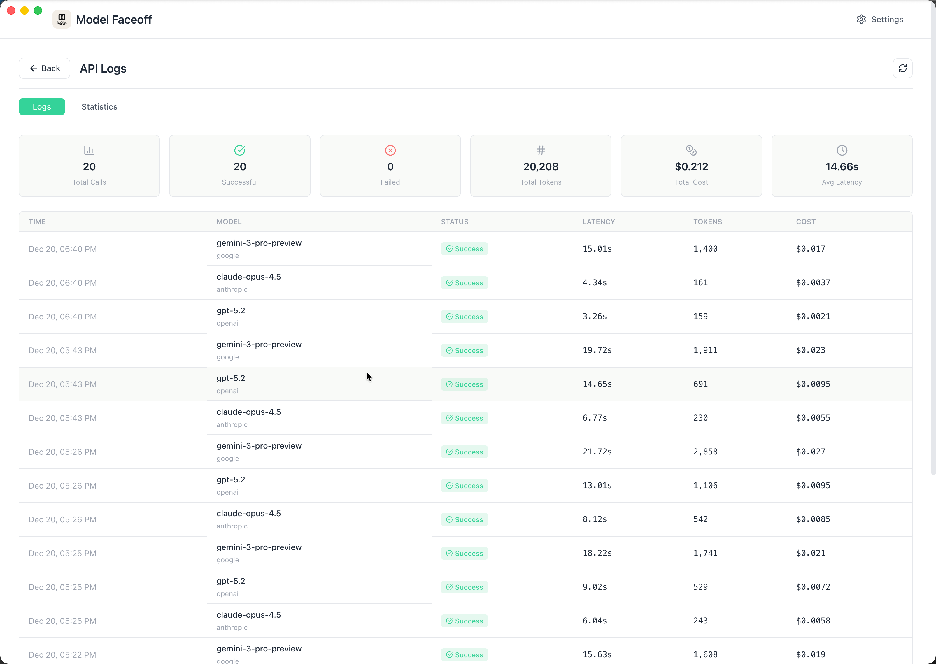 Model Faceoff API logs showing request details and response metrics