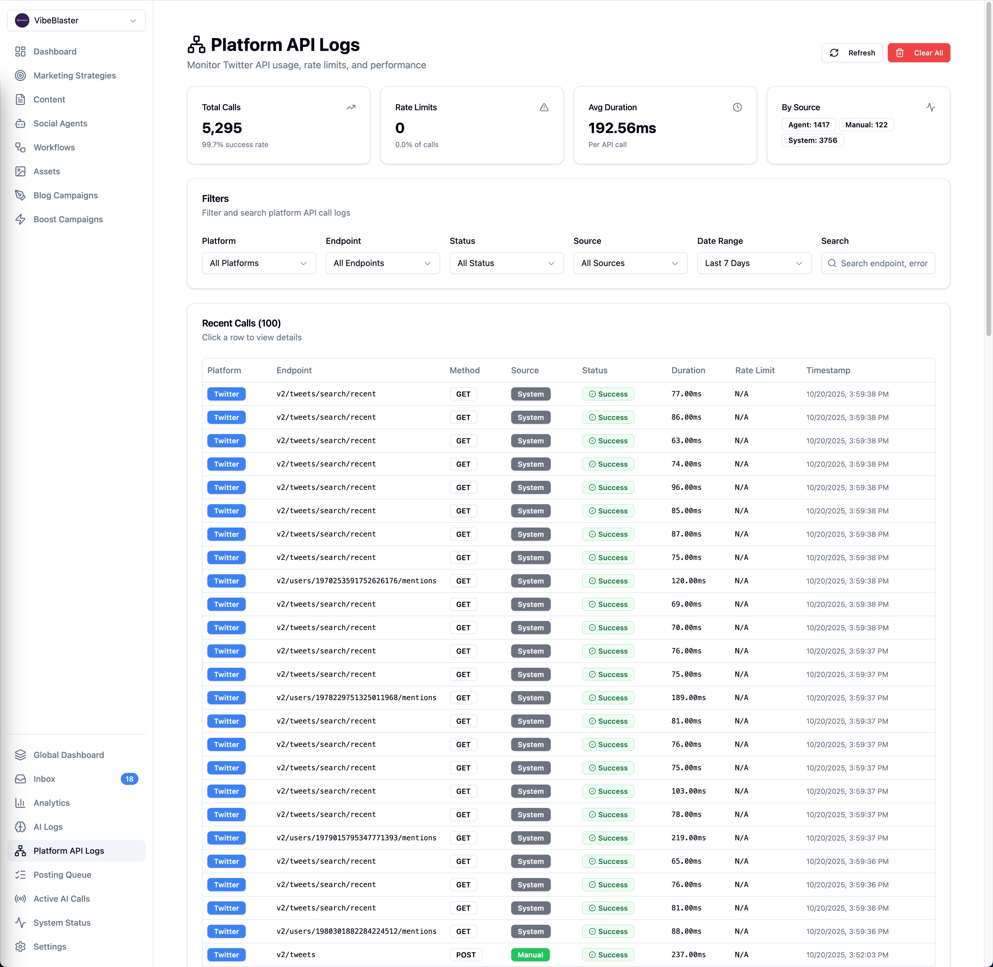Platform API Logs showing Twitter API call monitoring