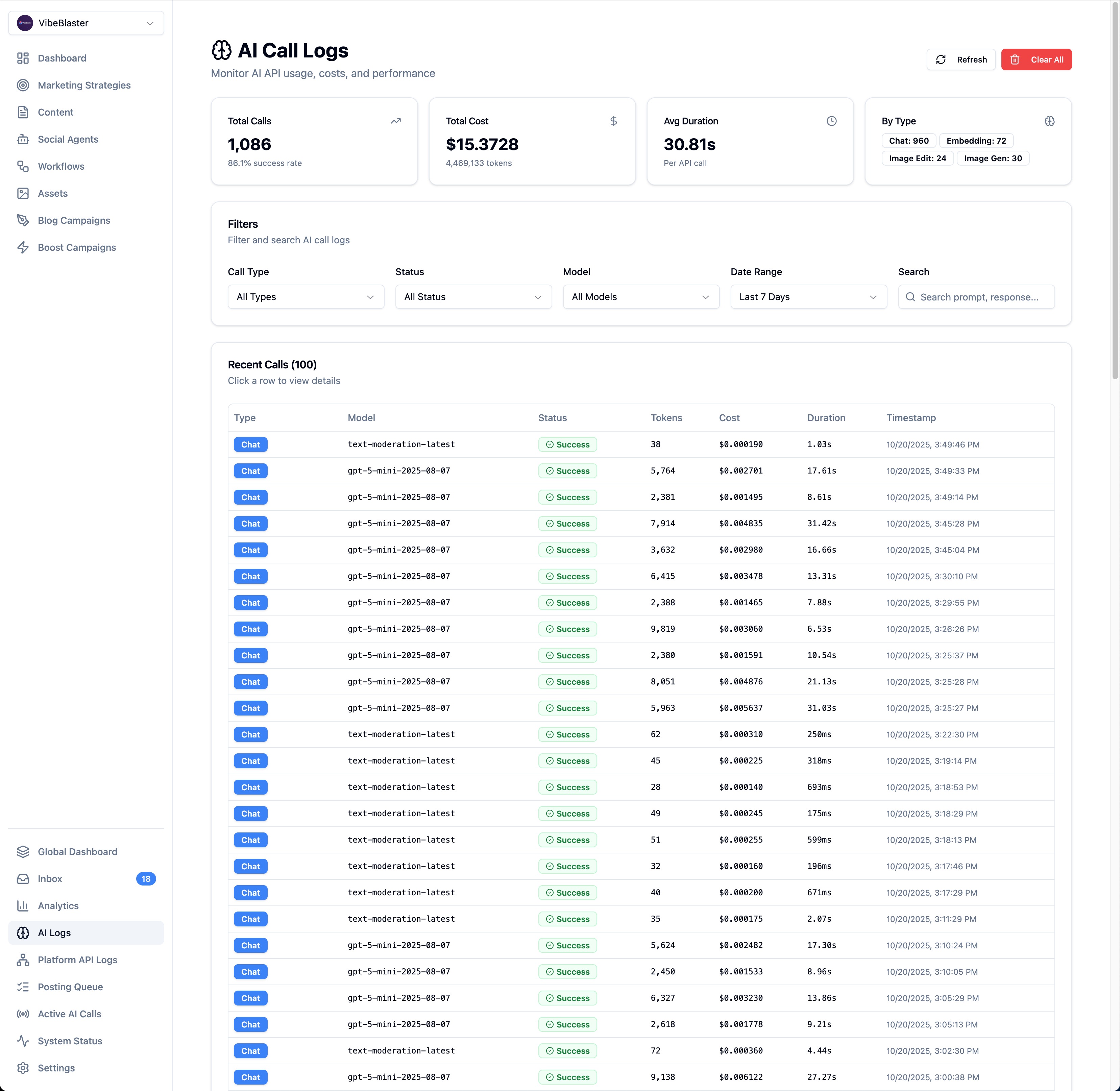 AI Call Logs showing token usage and cost tracking