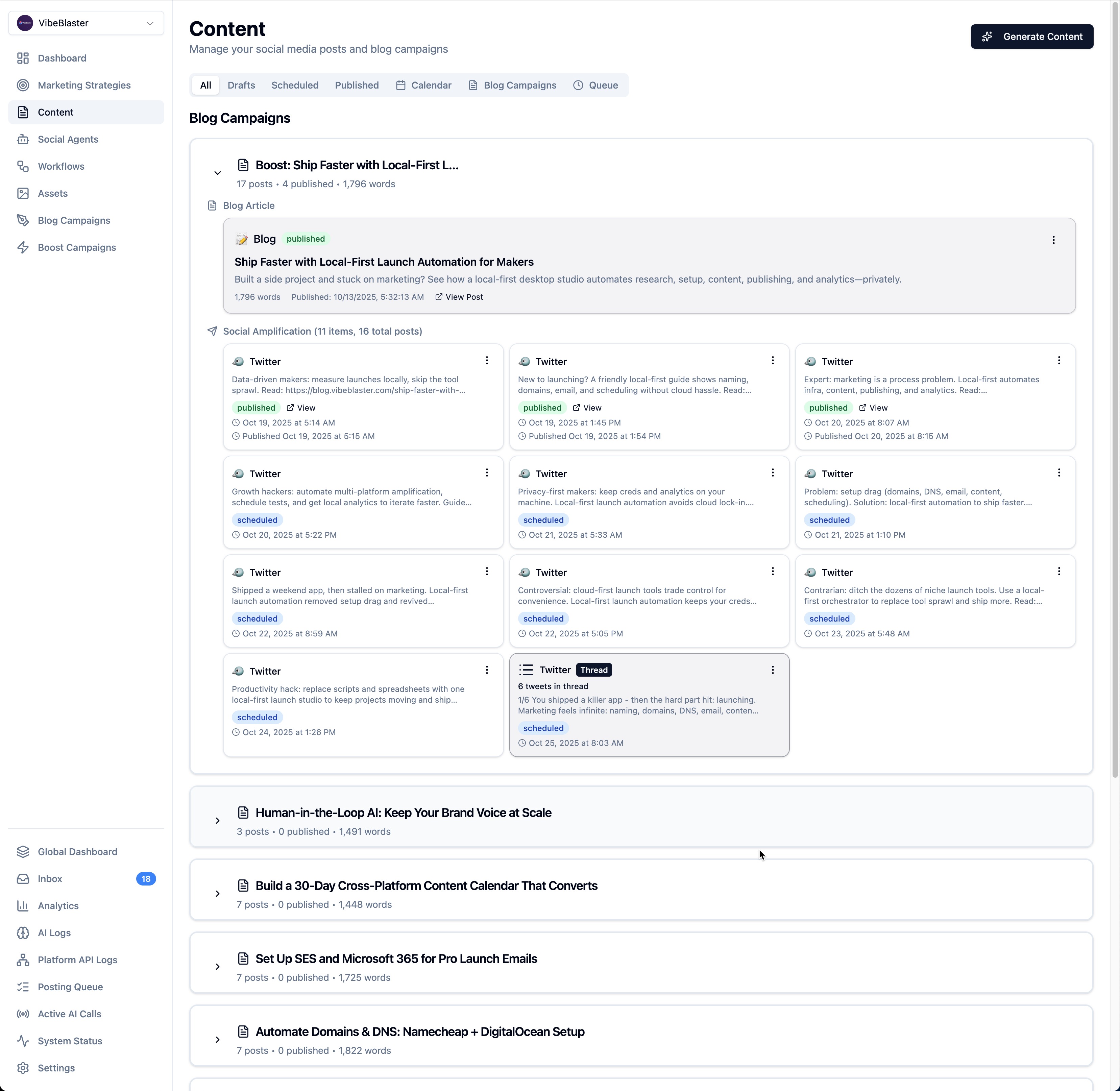 Content workspace showing blog campaigns and social posts
