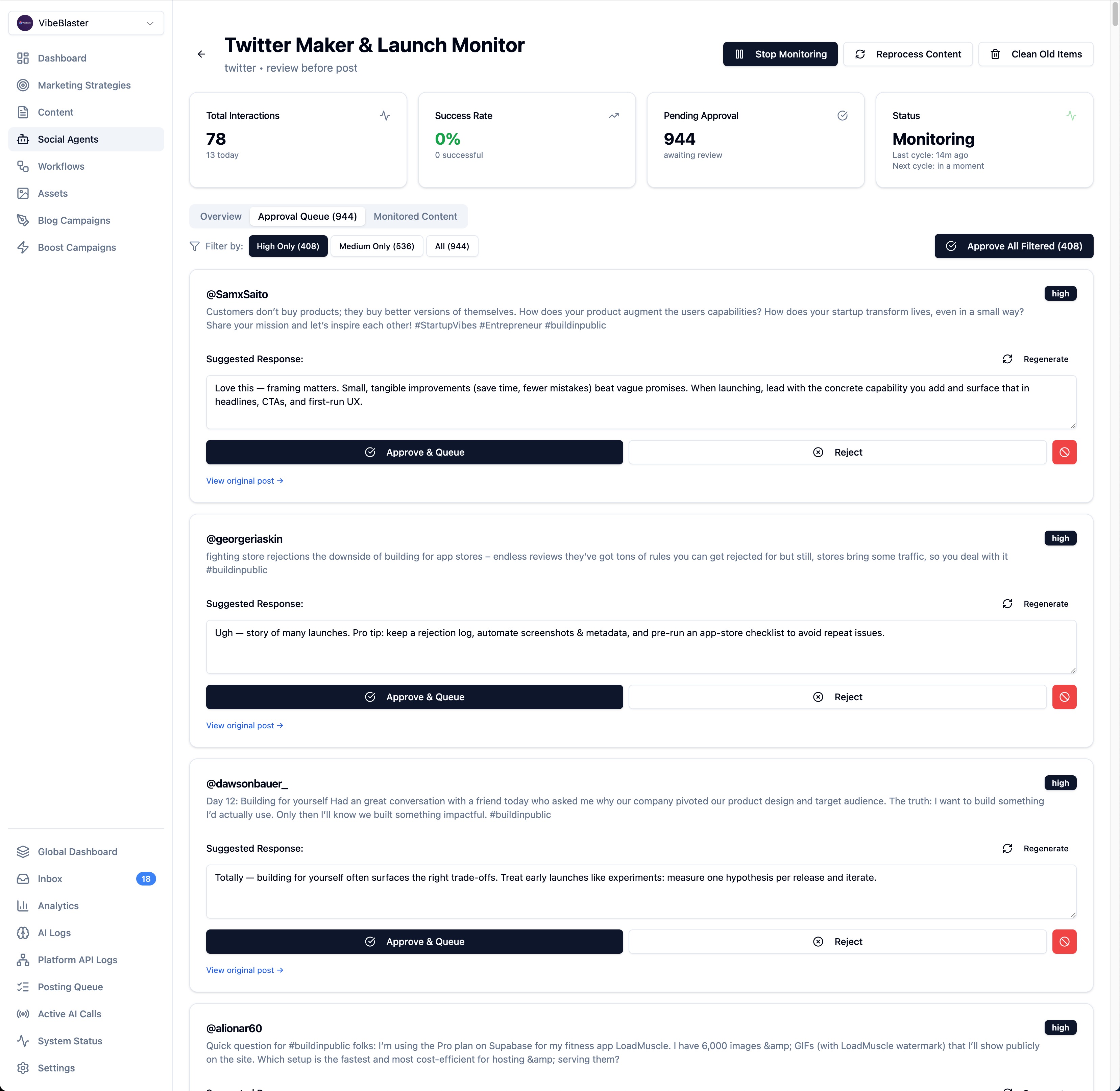 Twitter monitoring dashboard with AI-generated response approval queue